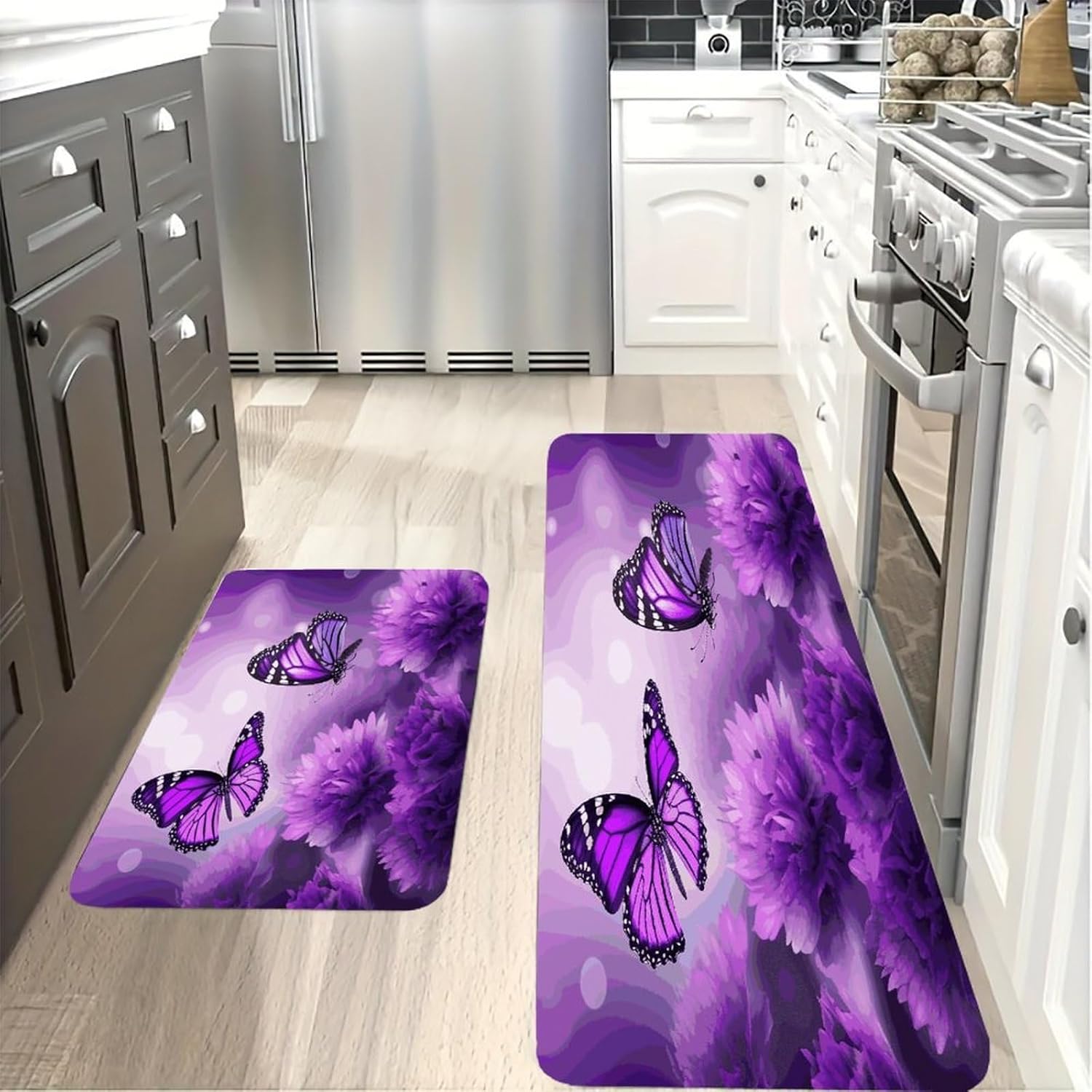 Purple Flower Butterflies Kitchen Mats for Floor 2PCS Waterproof Non-Slip Kitchen Rugs Cushioned Anti-Fatigue Mat Heavy Duty Floor Mats Comfort Standing Mat for Kitchen Home Office Laundry