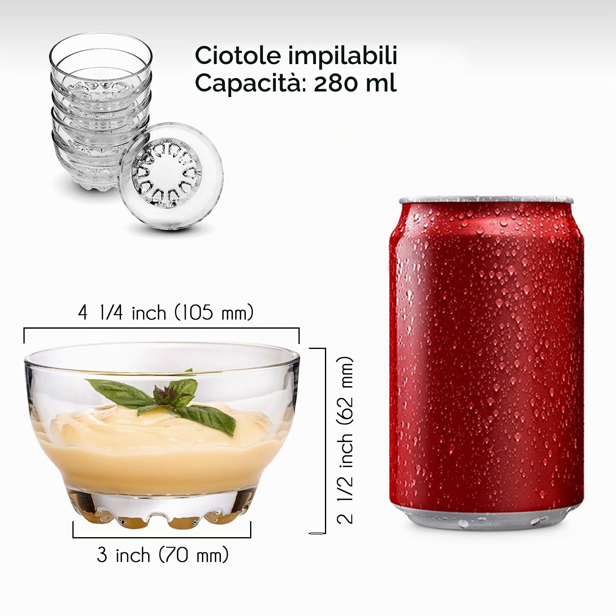 CRYSTALIA Set 6 Ciotole Impilabili Premium in Vetro - 100% Senza Piombo per Gelato, Dessert, Budino - Bicchieri e Tazze da Immersione