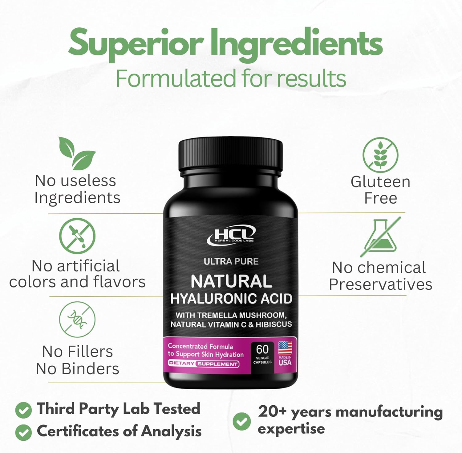 Natural Hyaluronic Acid Supplement 5X Stronger Hydration Pills from Pure Tremella Mushroom with Vitamin C & Hibiscus - Skin Supplement Anti Wrinkle Dietary Capsules - hair nails vitamins