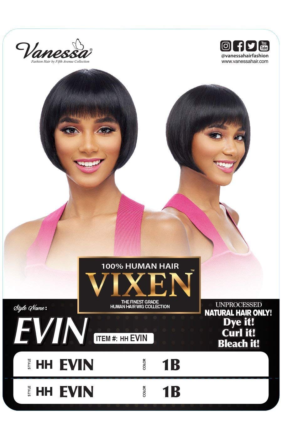 VANESSA Vixen Collection Premium Human Hair Wig Short Length Straight Style with Bang Full Cap - HH EVIN (NATURAL)