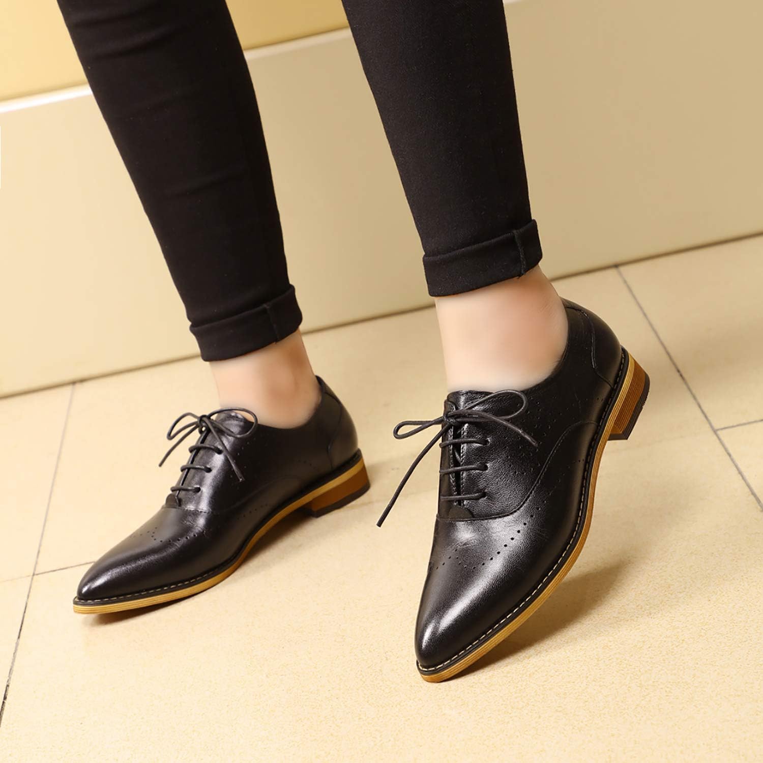 Mona flying Women's Pointed Toe Dress Oxfords Lace up Office Leather Shoes