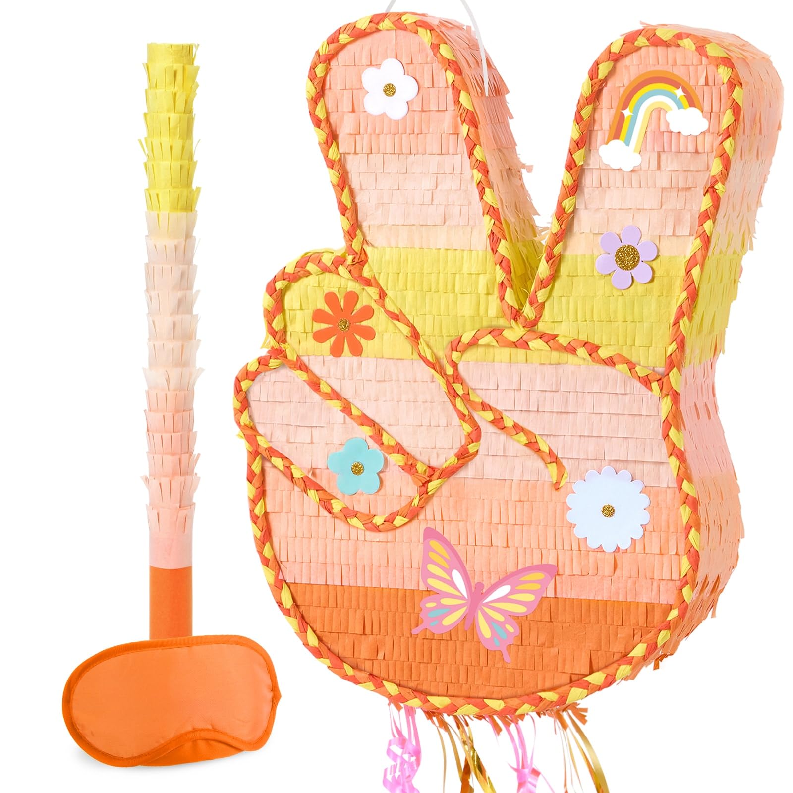WERNNSAl Funny Groovy Peace Sign Pinata - Yellow Hippie Hand Gesture Pinata with Blindfold and Bat Retro Hip Hop Birthday Party Supplies Two Groovy Daisy Party Decorations — image 1