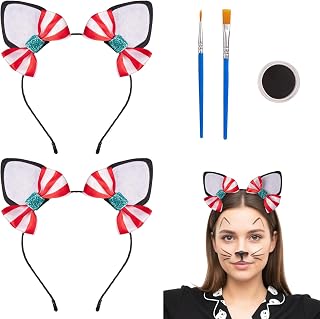 2 Cat Ears Headbands with Removable Red and White Stripe Bow Hair Clips, Black Face Paint and 2 Brushes – Cat Dress Up Kit for Kids Hat Day, Reading Week, Book Character Parade Accessories