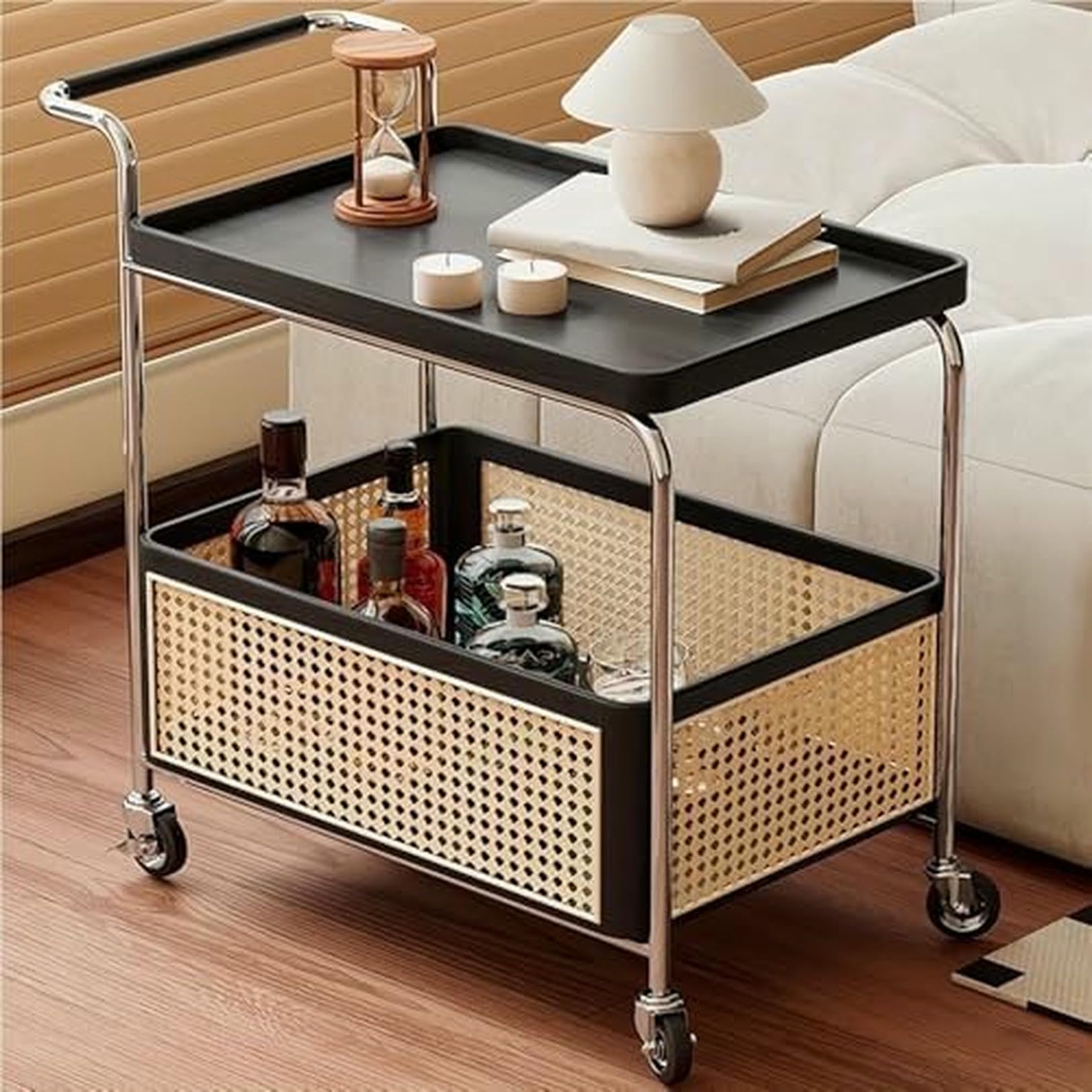 Eiwitany Space-Saving 2-Tier Wheeled Side Table with Black Rattan Storage Basket, Stylish Rolling Coffee & End Table for Living Room (Black)