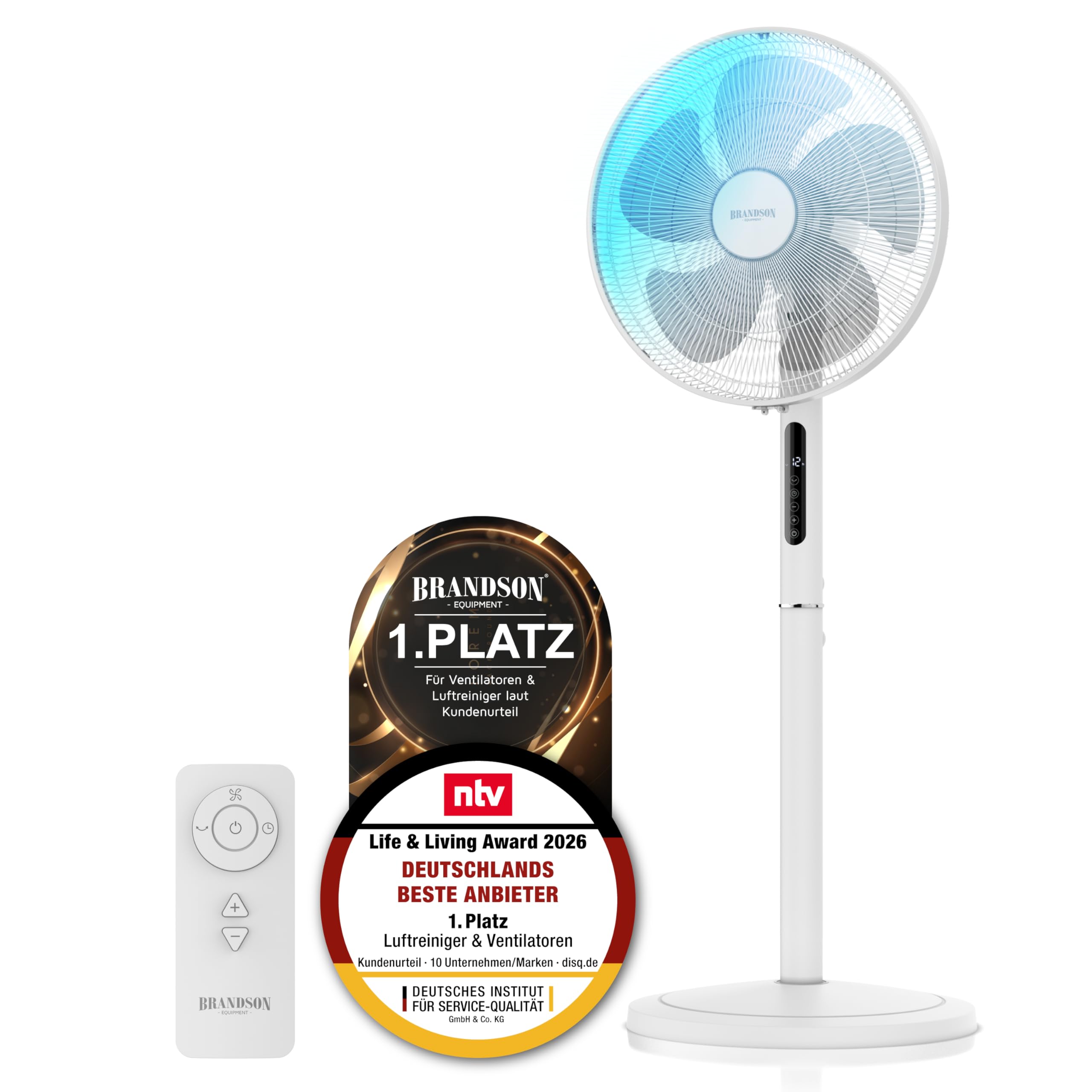 Brandson - Standventilator DC energiesparend ECO - Preisträger 2026 - sehr leise - mit Fernbedienung - Brushless Silent Motor - Oszilation 80° - Ventilator Timer – 12 Stufen