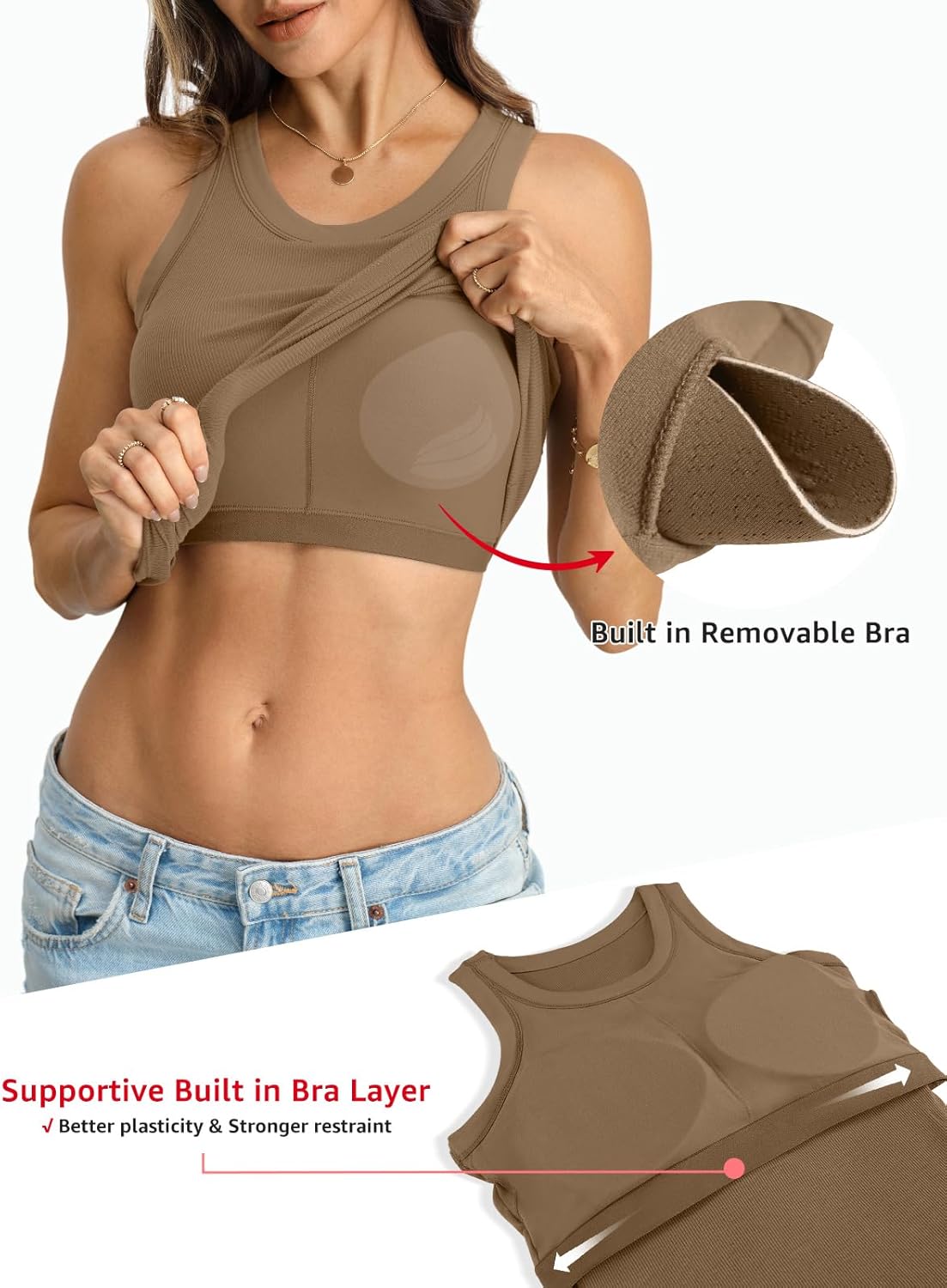 Womens Built in Bra Tank Tops Cotton Ribbed Crew Neck Vest Basic Fitted Padded Tank Summer Trendy 2026 - Image 3