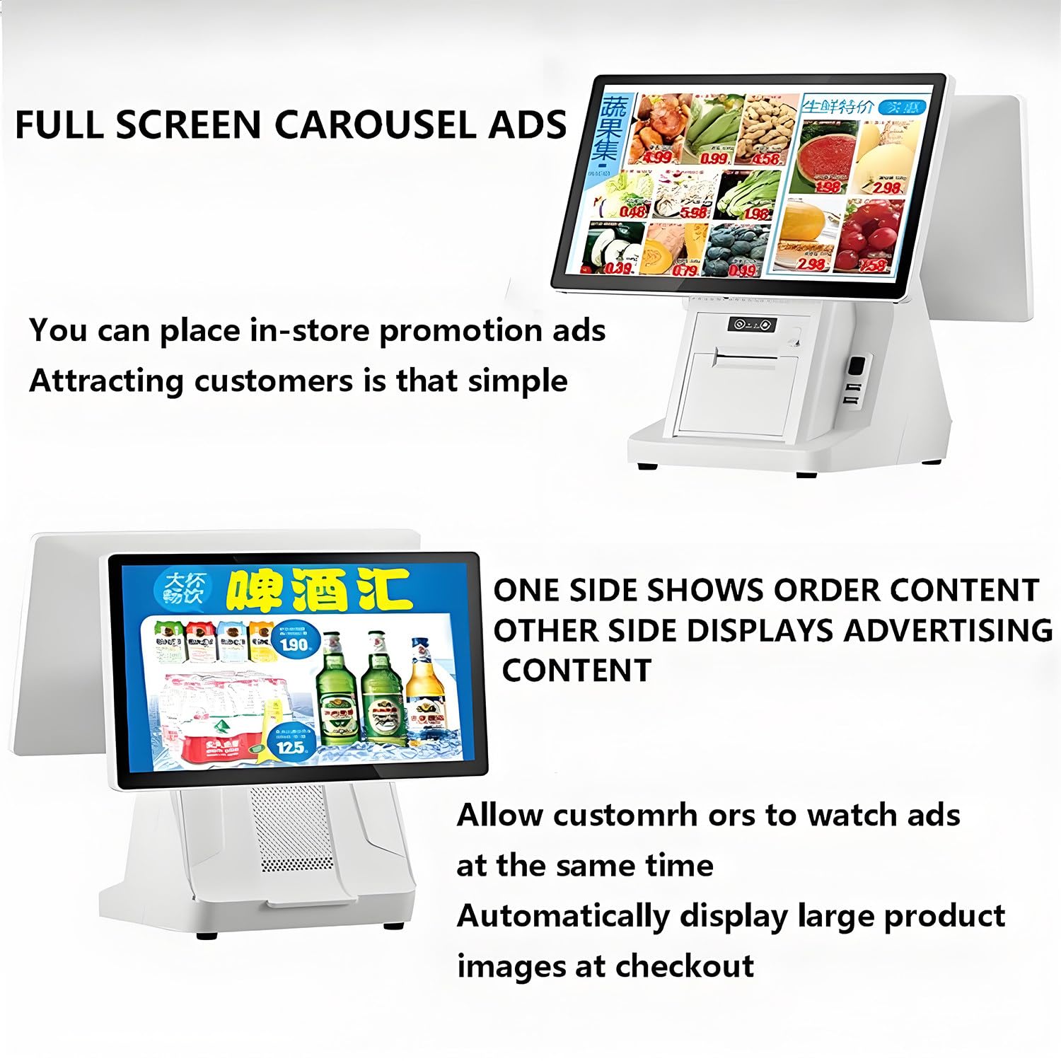 Caja registradora inteligente todo en uno con pantalla dual de 15,6 pulgadas,sistema de punto de venta con PC táctil,impresora de recibos integrada,para pequeñas empresas,minoristas y supermercados