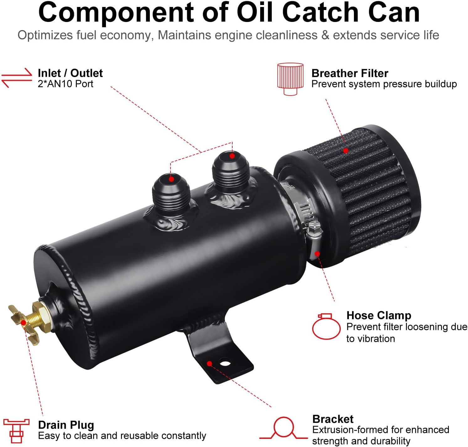 Baffled Oil Catch Can 10AN, 750ML Universal Oil Breather Tank with Valve Aluminum Black