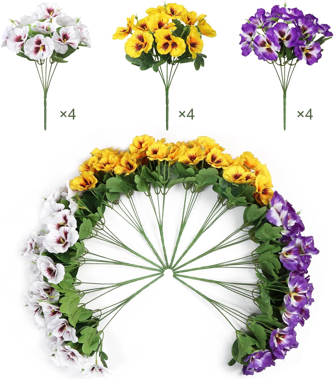 SOMYTING Fake Pansy Artificial Flowers for Outdoor, Artificial Pansies Flowers 12 Bundles Faux Silk Pansies Spring Flowers for Outside Porch Window Box Home Decor (Purple&Yellow&White, 12PCS)