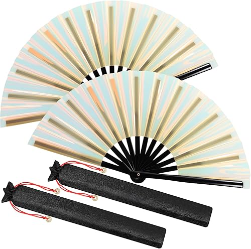 Miniatura 16 de Maitys Large Rave Fan Clap Fans for Line Dancing Large Holographic Folding Hand Fans for Men and Women, Festival, Tai Ji, Kungfu, Martial Art, Láser