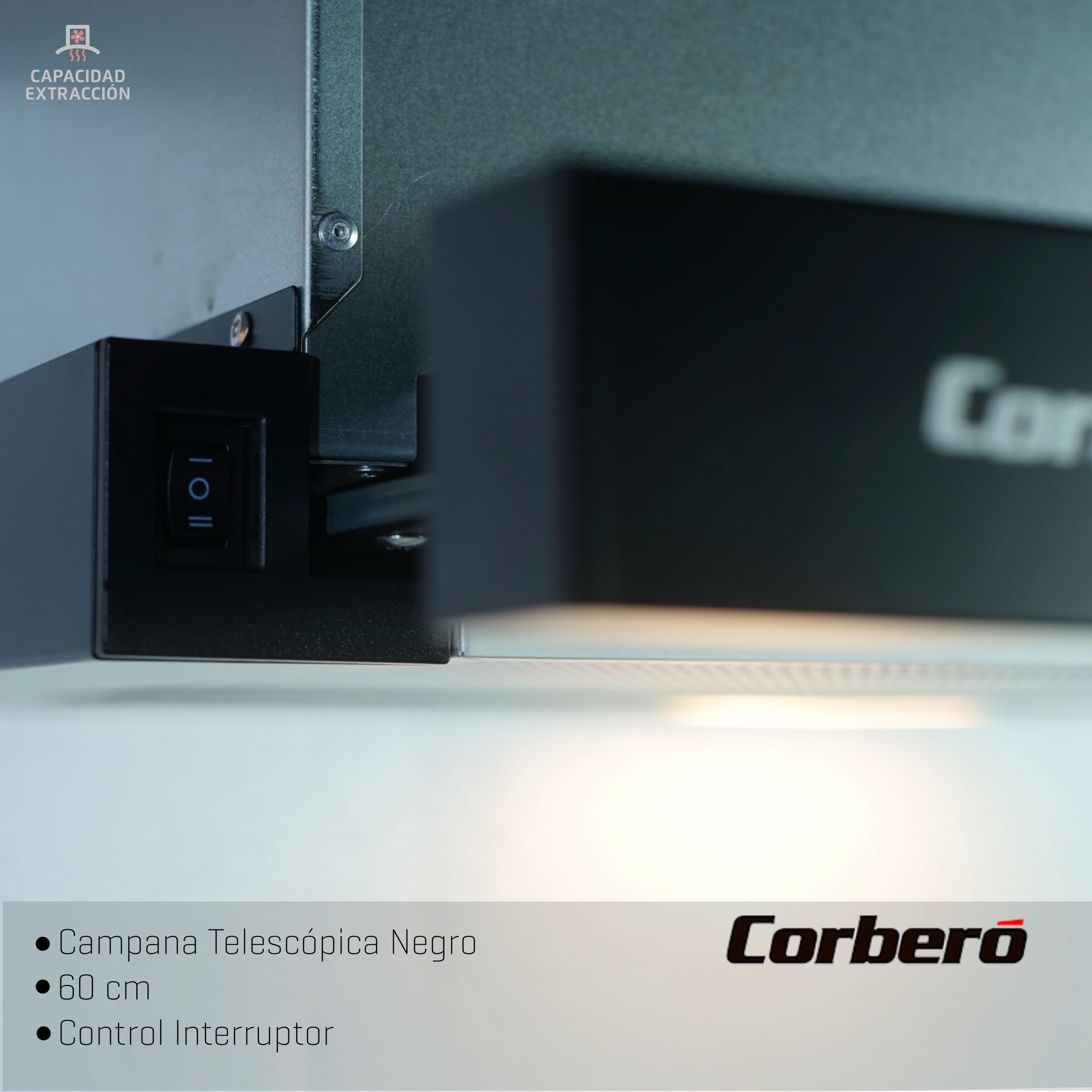 Corberó VINSON635B Okap Teleskopowy Czarny, 60 cm, Przepływ 350 m3/h, Moc 65 W, 2 Prędkości, Filtr aluminiowy 3 warstwy, Filtr węglowy, Efektywność energetyczna B