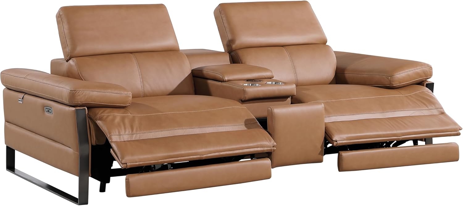 BlackJack Furniture Antonio Top Grain Italian Leather Power Recliner Loveseat Sofa with Large Power Headrests, Storage Console, USB & Wireless Chargers, Wall Hugger for Small Spaces, Cognac