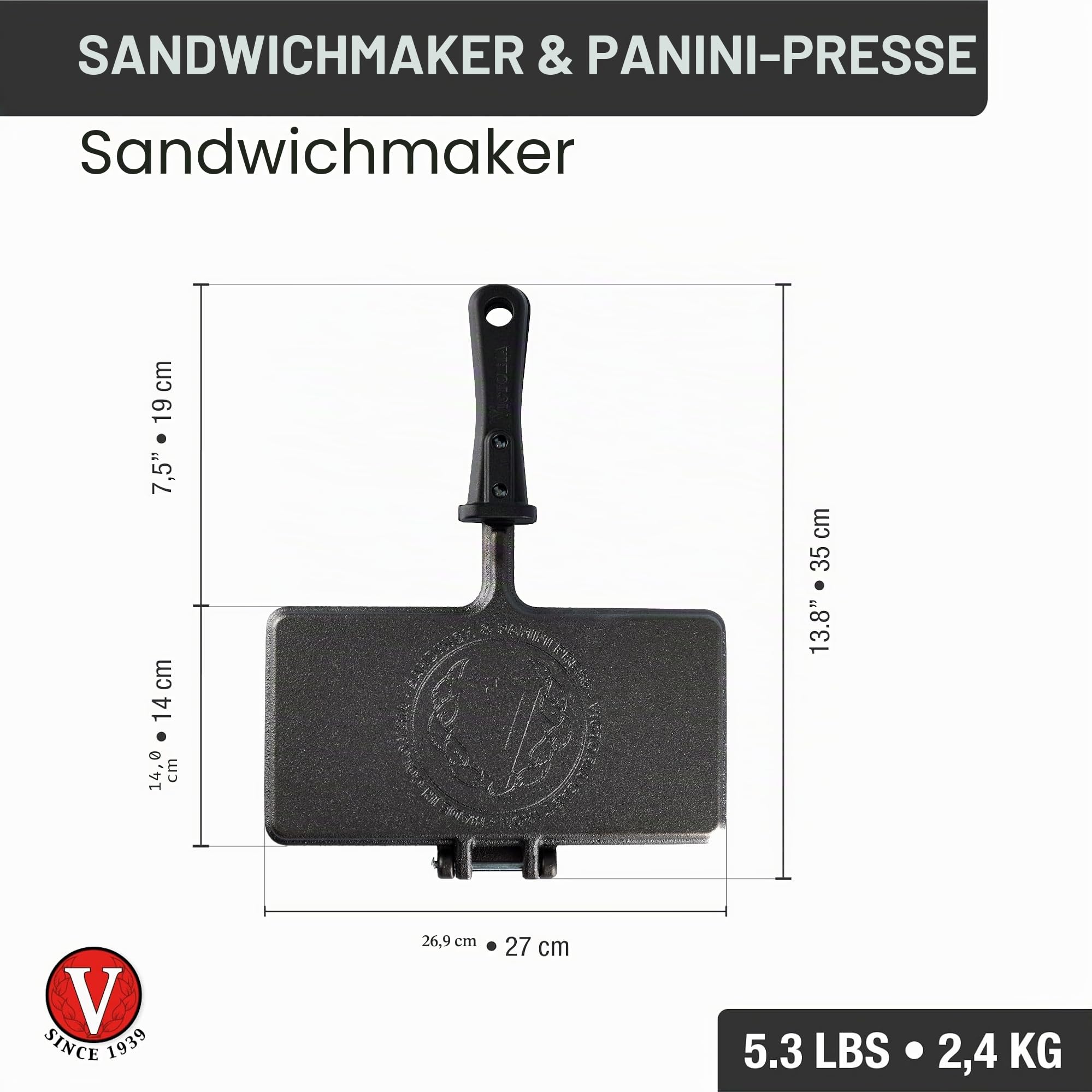 VICTORIA Sandwichmaker aus gehärtetem Gusseisen, 27 x 14 cm, doppelseitige Sandwichpfanne, Panini-Maker-Toaster, Gusseisen gehärtet für eine antihaftende, giftfreie, PFOA-freie Oberfläche