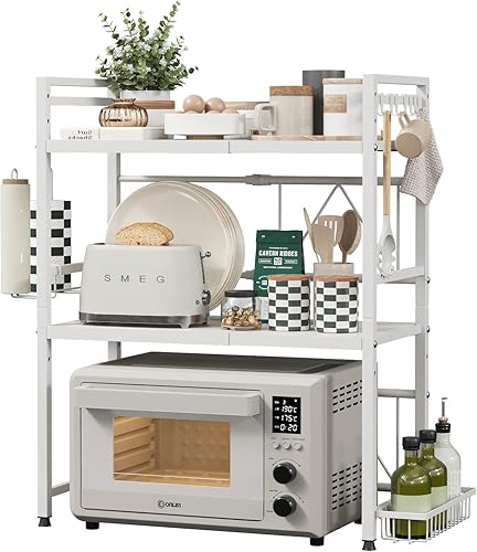Miniatura 13 de NETEL Soporte extensible para microondas, estante organizador de 2 niveles de metal para encimera de cocina con 8 ganchos, estante para panaderos,