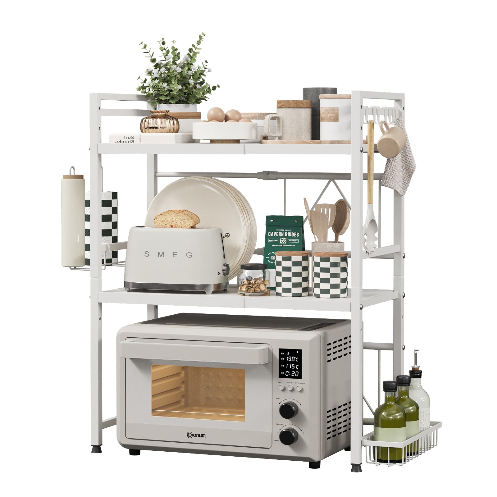 NETEL Expandable Microwave Shelf, 3-Tier Microwave Stand with spice basket and kitchen roll holder, Microwave Oven Rack with 8 Hooks, Bakers Rack, Kitchen Countertop Organiser, white — image 1