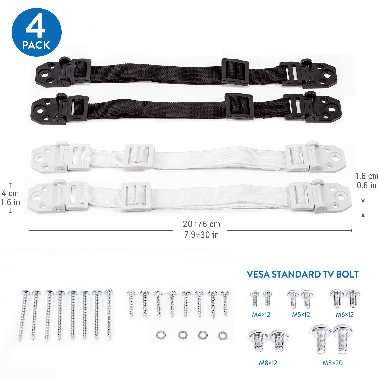 Tatkraft Protect Correa de Seguridad TV/Correa de Nylon Universal/Abrazadera para Muebles de Seguridad para Niños 4 Pack, 2 Blancos / 2 Negros