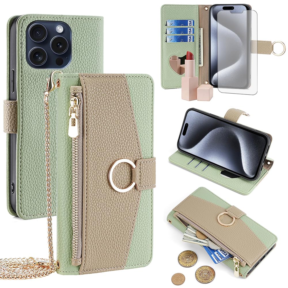 Asuwish Phone Case for iPhone 15 Pro 6.1 inch Wallet Cover with Screen Protector and Mirror Flip Cover Ring Card Holder Crossbody Strap Stand Cell