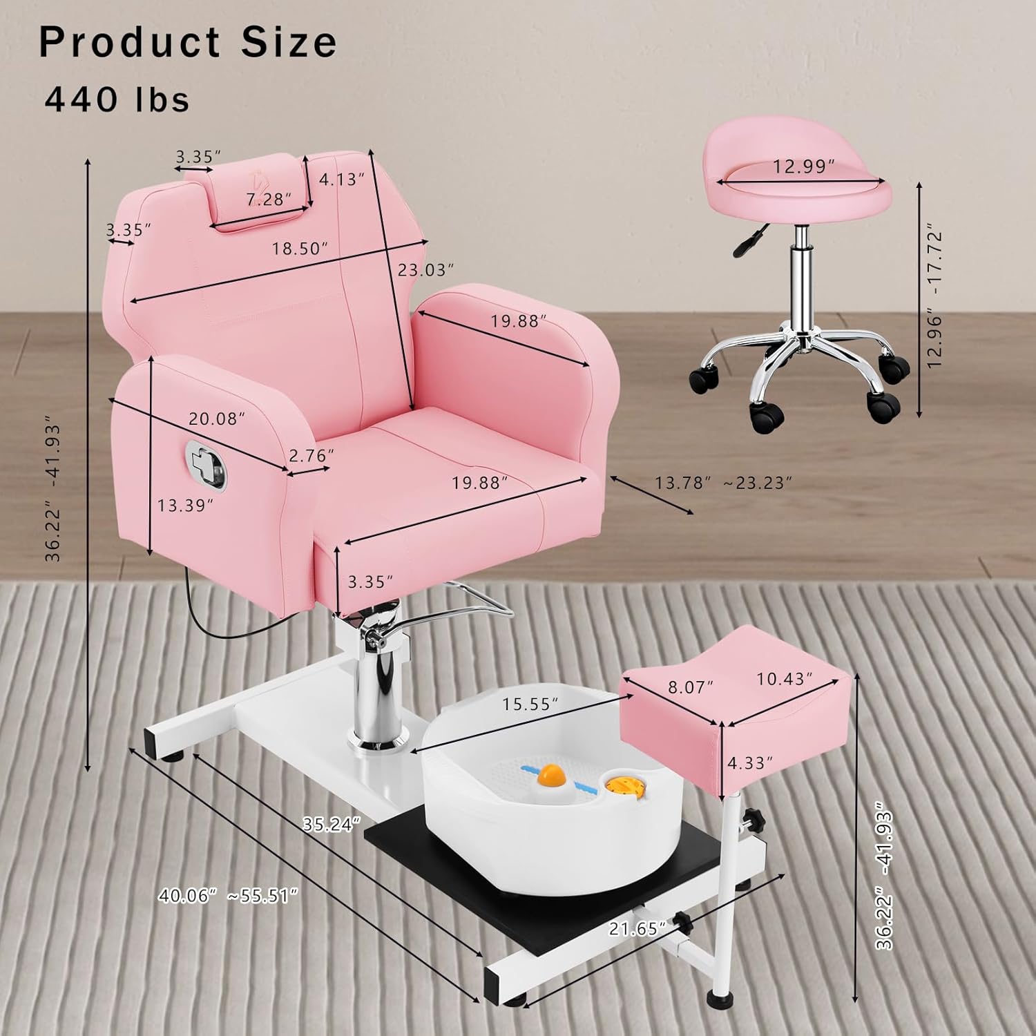 No Plumbing Pedicure Station,Height Adjustable Hydraulic Pedicure Chair for Nail Tech,Reclining Manicure Chair with Adjustable Headrest&Massage Basin,Foot Spa Chair for Spa,Home,Salon