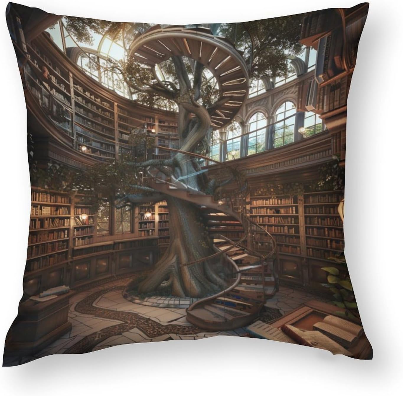 2 Packs Fantasy Book Library Throw Pillow Covers for Living Room, Classic Bookshelf Tree Plants Ladder Pillow Covers Cushion Case for Couch Sofa Bed, 20x20 inch