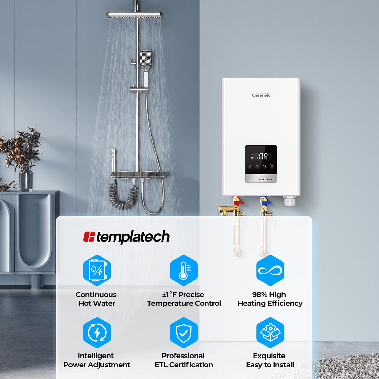 Orbek 14kW Tankless Water Heater with shower and feature icons