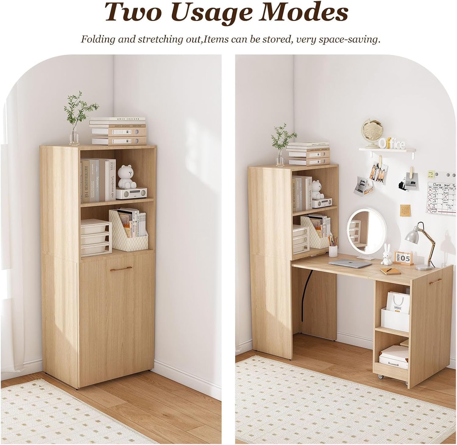 Fold Out Desk with Storage Shelves & Mobile Wheels, Convertible Pull-Out Murphy Desk for Small Spaces | Hidden Writing Computer Desks for Home Office, Apartment & Bedroom(Natural Wood)