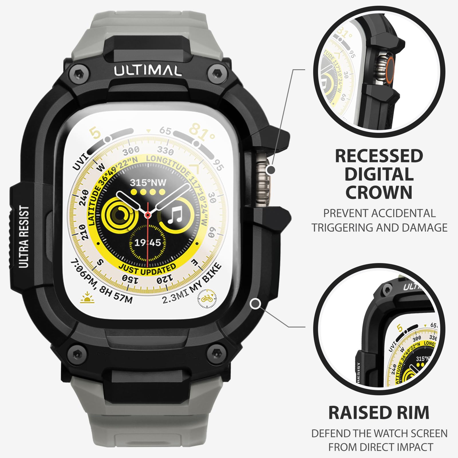 ULTIAML Etui ochronne z bransoletką, kompatybilne z Apple Watch ultra 2/ ultra 49 mm, regulowany, odporny na uderzenia, sportowy pasek, wytrzymały pasek premium (szary)