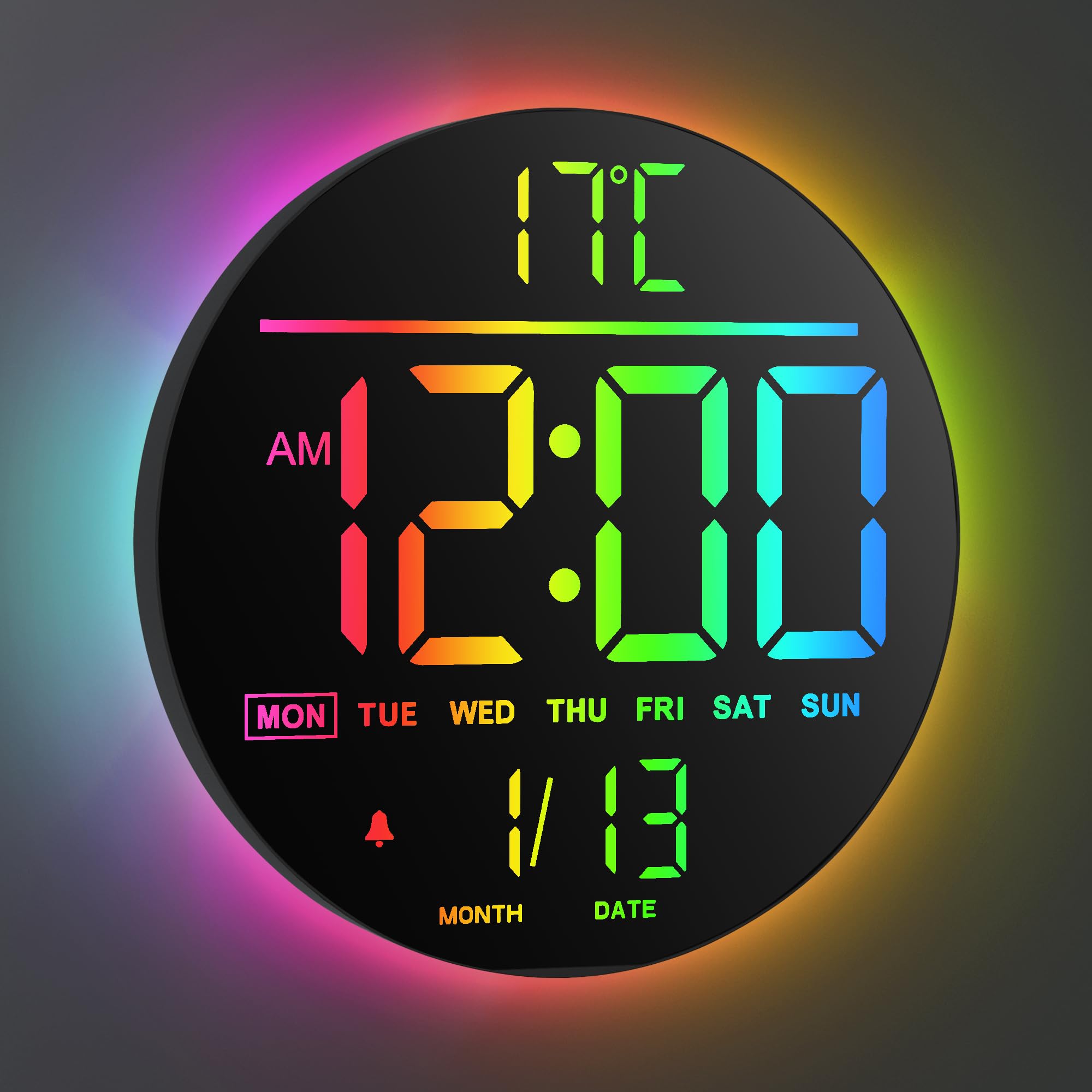 Maxstar Große Digitale Wanduhr mit Fernbedienung, 10-Zoll-Runduhr,8 RGB Farben, Modernes LED Display, Automatische Helligkeit, Sommerzeit, Temperatur, Wecker für Wohnzimmer, Schlafzimmer, Küche Dekor