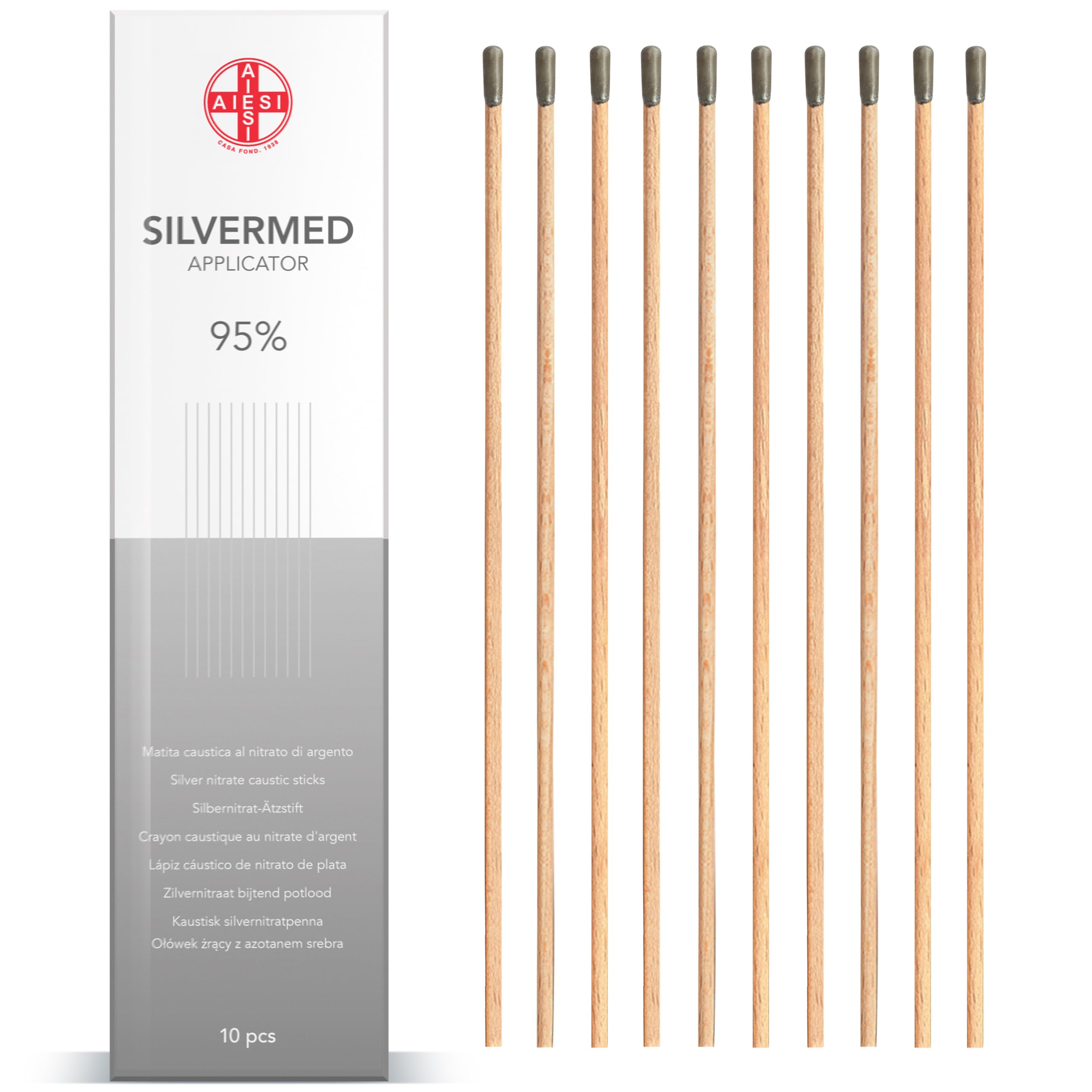 AIESI® Lápiz Cáustico de nitrato de plata al 95% para eliminar verrugas mezquinos y tejidos SILVERMED 95 (Paquete de 10 aplicadores)