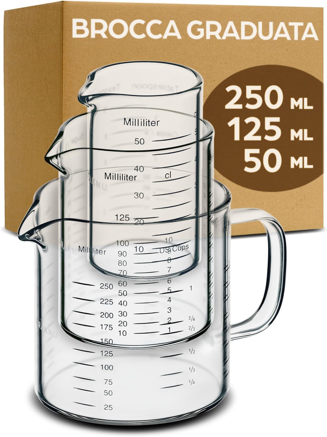Praknu Brocca Graduata in Vetro - 50ml, 125ml, 250ml - Scala Precisa - Impilabile - Resistente al Calore e al Microonde.