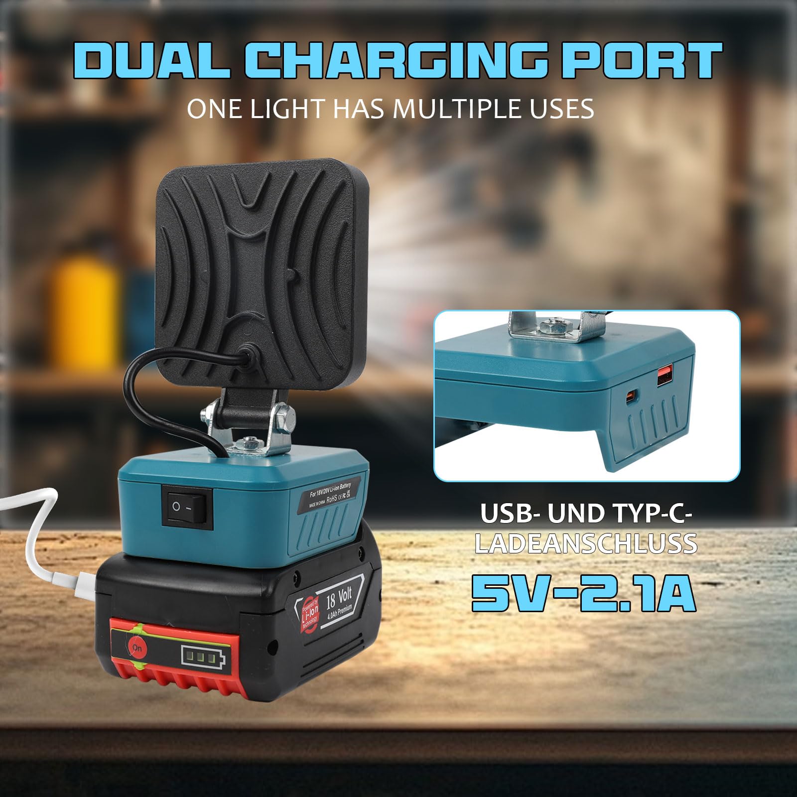 CORESLUX Acculamp voor Makita 18 V, 48 W, 5200 lumen, led-werklamp, draagbare schijnwerper met USB en type C, bouwplaatslamp, 2 modi, helderheid