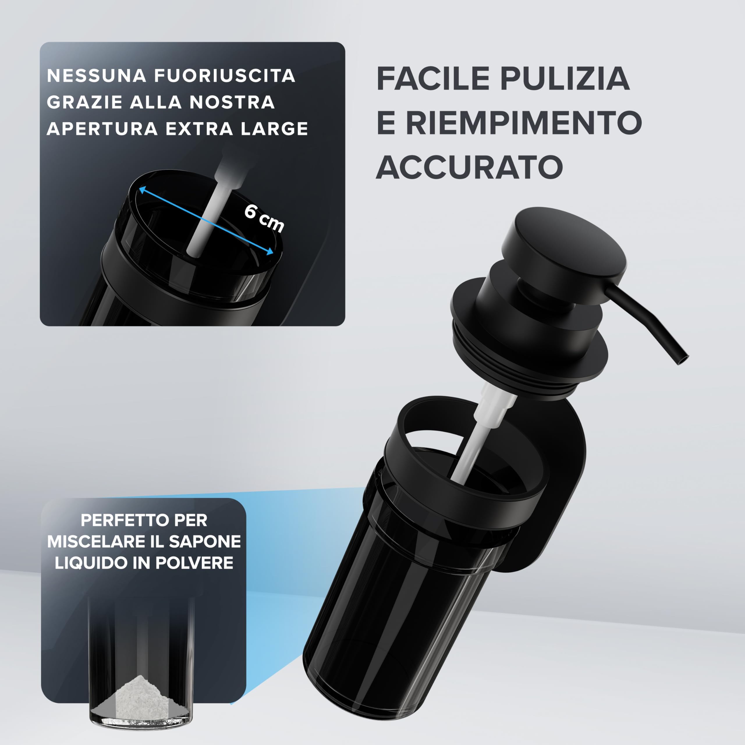 ovimar dispenser di sapone Lokta | nero | con montaggio a parete senza foratura | in acciaio inox e moderno vetro nero | con apertura extra large, facile da riempire | per il bagno o la cucina