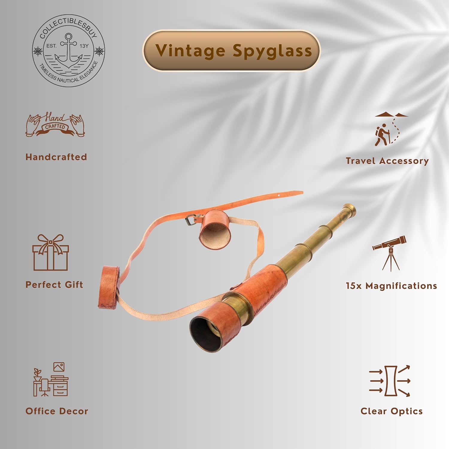 Vintage Spyglass Telescope with Leather Lens Cap – Antique Finish Royal Marine Design Nautical Engineering Instrument for Home & Office Decor
