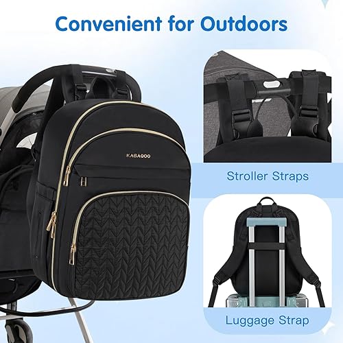 Miniatura 7 de KABAQOO Mochila para pañales de bebé, mochila impermeable para pañales para mamá y papá con cambiador, bolsillos aislados y correas para cochecito,