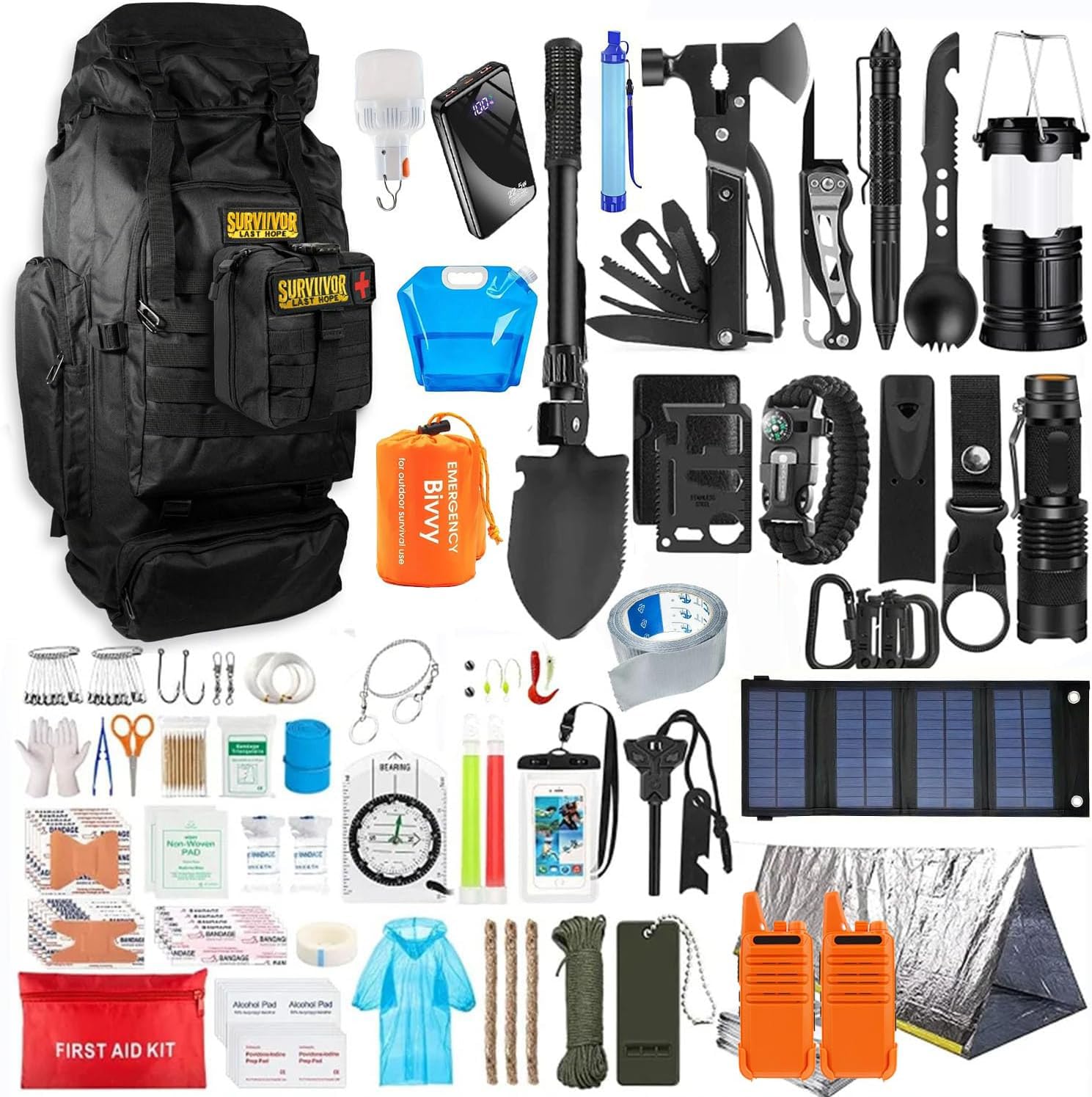 Kit di Sopravvivenza Avanzato – Kit di Emergenza con 20 Strumenti Multifunzione e Più di 60 Articoli di Primo Soccorso – Estremamente Completo – Pratico - Leggero