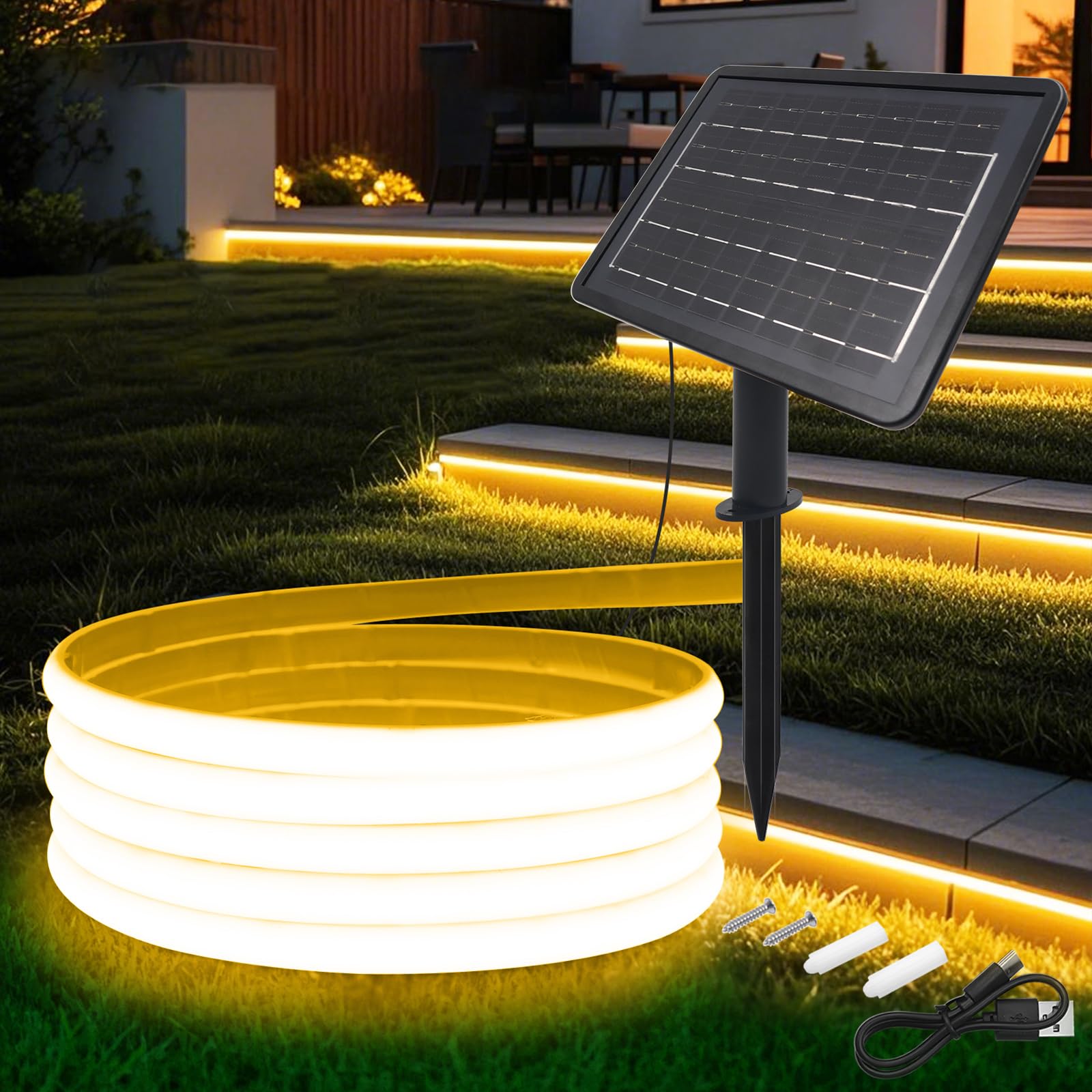 24V COB LED Tira Solar [3m,Blanco Cálido 3000-3500K], 2400MAH Controlador de Panel Solar, 8 Modos, IP68 Impermeable Flexible FCOB LED Tira de Neón, Decoración de Dormitorio Jardín Pasillo