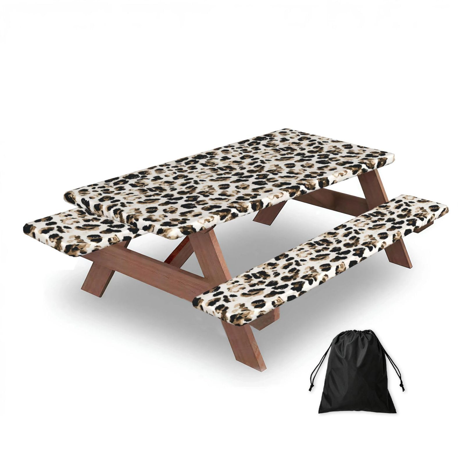 Leopard Pattern, Picnic Table Cover With Bench Covers -Waterproof Elastic Fitted Tablecloth for Garden Camping Patio 76x152cm