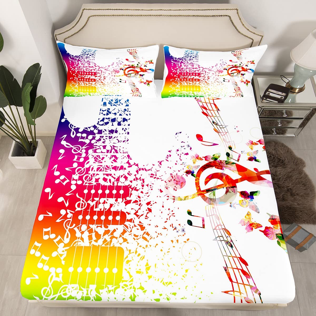 Parure De Lit 90x190 Cm + 2 Taies D'oreiller - Microfibre Douce, Poche 30 Cm - Motif Notes De Musique - 11