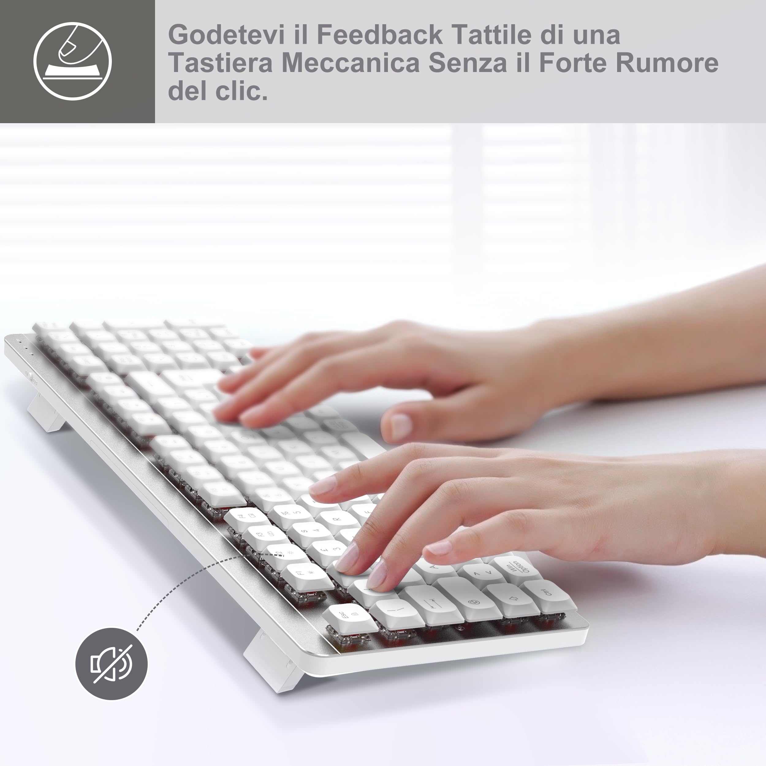 LeadsaiL Tastiera e Mouse Meccanica Wireless FA98, Basso Profilo Switch Rossi Tastiera senza Fili con ricevitore 2.4G, 96% Keyboard, 98 Tasti, Silenzioso, Italian QWERTY per PC Mac/Windows-Argento