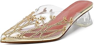 Women's Clear Mule Sandals Pointed Toe Slingback Heels Rhinestone Heels Pumps Wedding Shoes