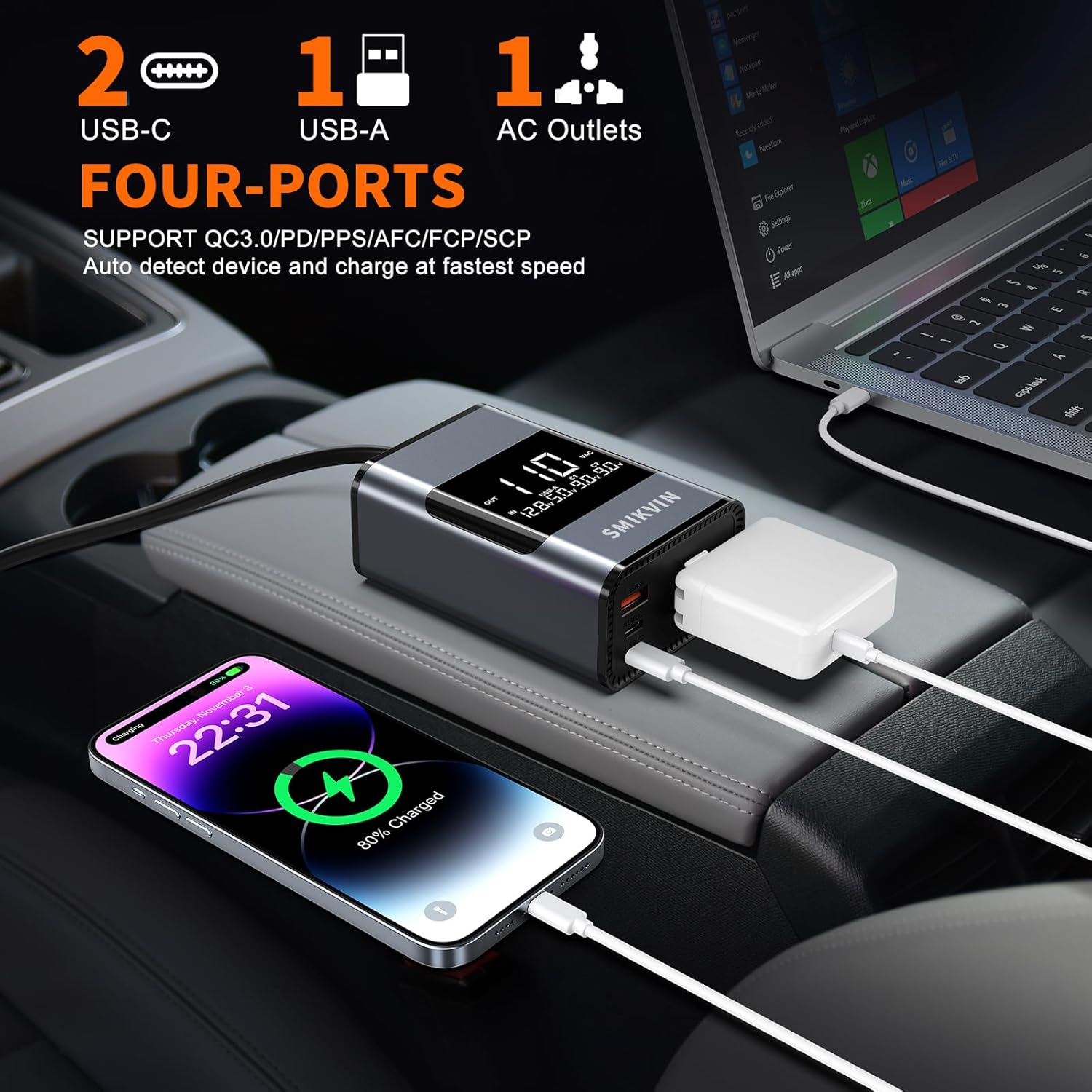 200W Car Power Inverter - with Plug Adapter Outlets and Voltage Display, with AC Outlets + USB-A + 2 USB-C Ports for Laptop/Phone, 12V to 110V Converter for Road Trips/Camping