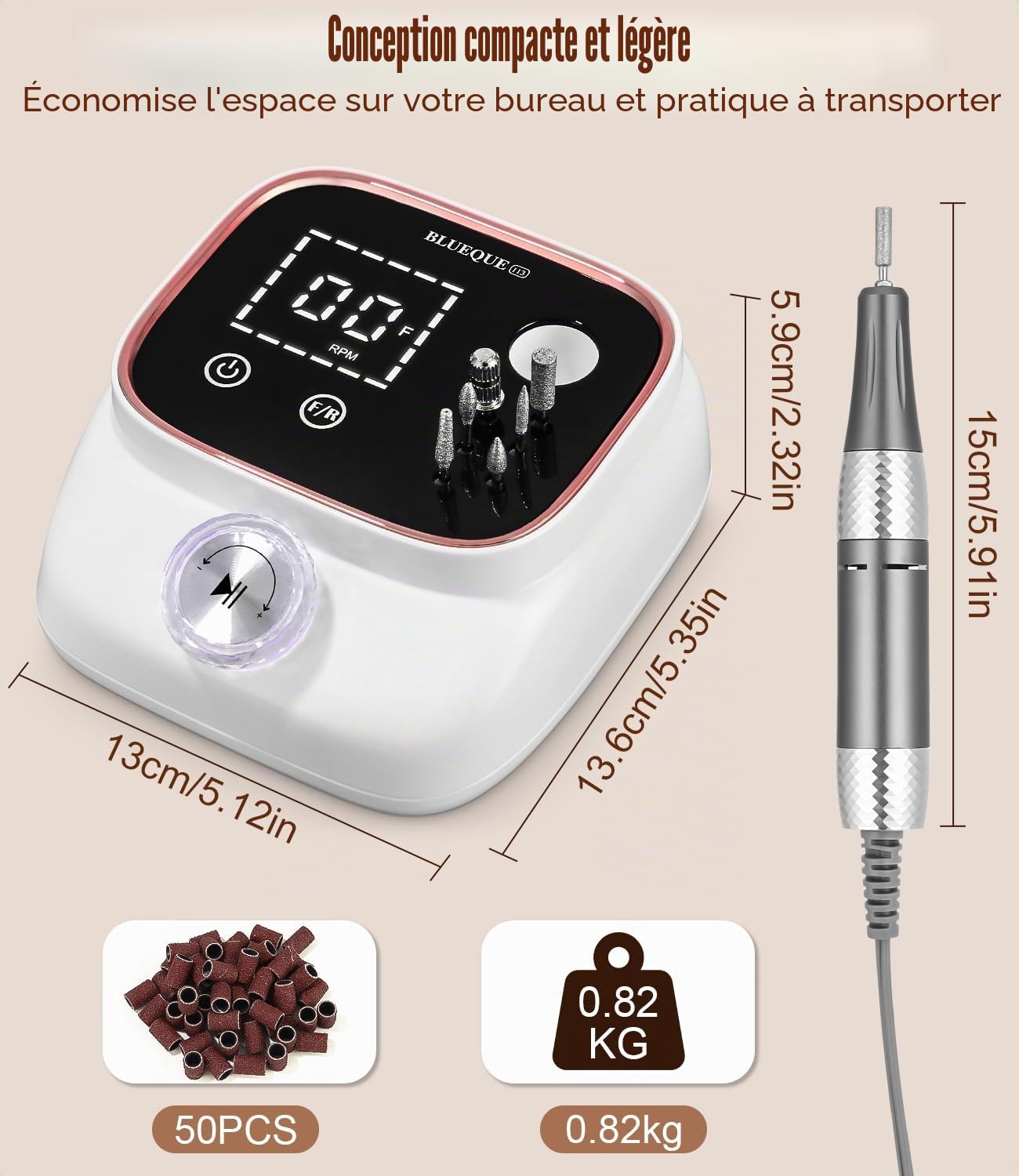 Ponceuse Pour Ongles Professionnelle, Lime A Ongle Electrique, 45000RPM, Ponceuse Ongles avec Écran LCD, Ensemble d’accessoires Kit avec Manucure Pédicure, pour Salon, Usage Maison