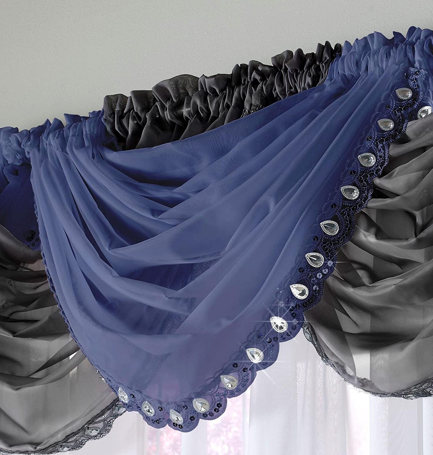 Maple Textiles Glitzy Sparkle Jewelled Crystal Sequin Trim Voile Curtain Swag (Navy)