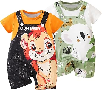 2-Pack Baby Boys Girls Romper Newborn Cartoon Koala Lion Print Short Sleeve Onesie Summer Clothes