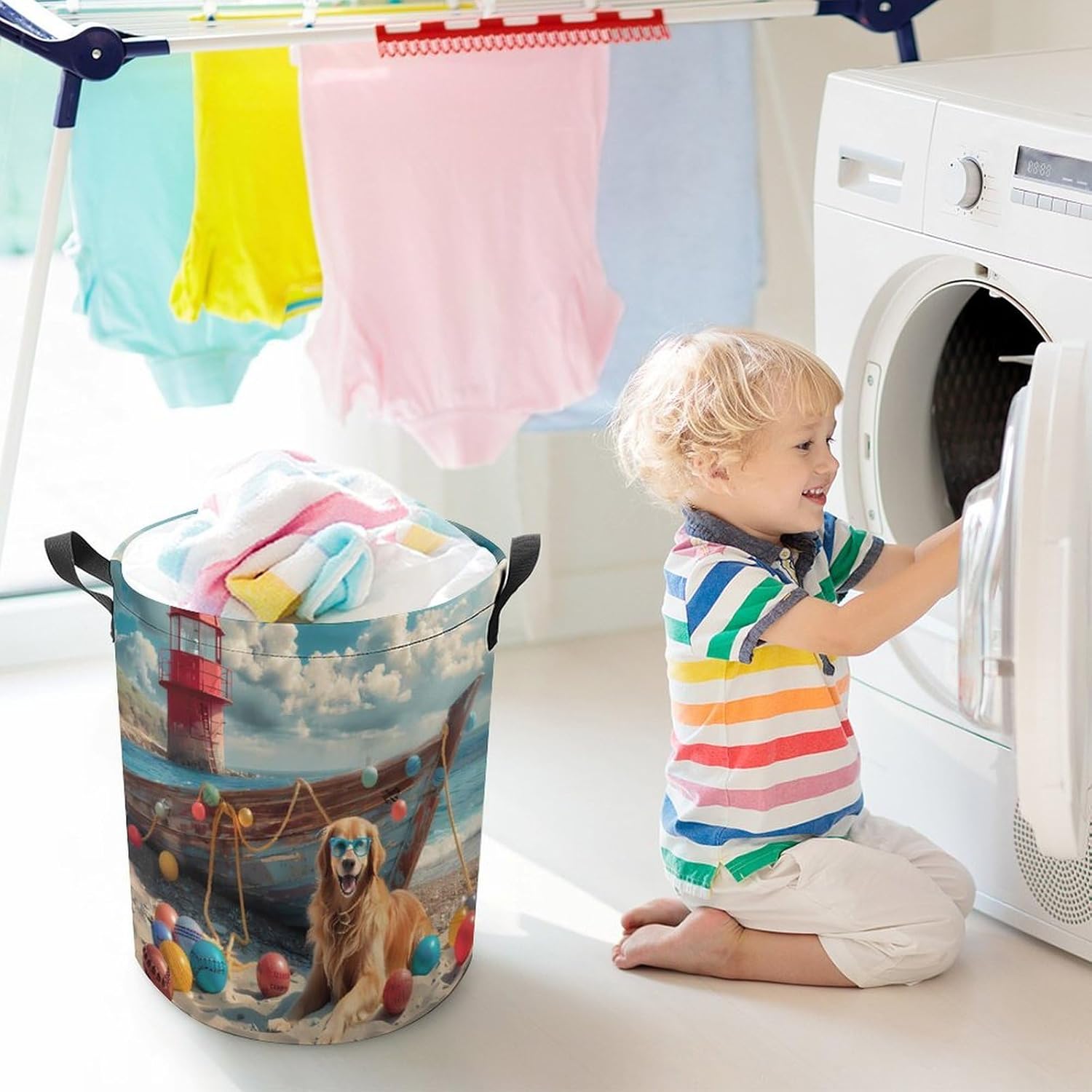 Beach Retriever Dog Laundry Basket Dirty Clothes Hamper Storage Laundry Bag with Handles for Dorm Room 44x35cm