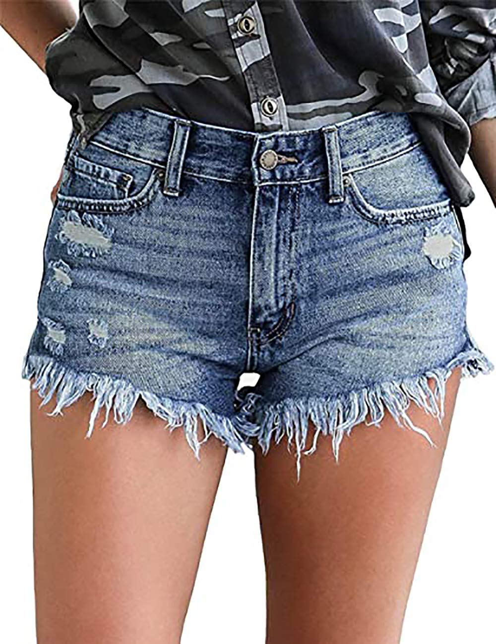 Necooer Damen Casual Ripped Denim Shorts Mittlere Taille Kurze Jeanshose mit Taschen