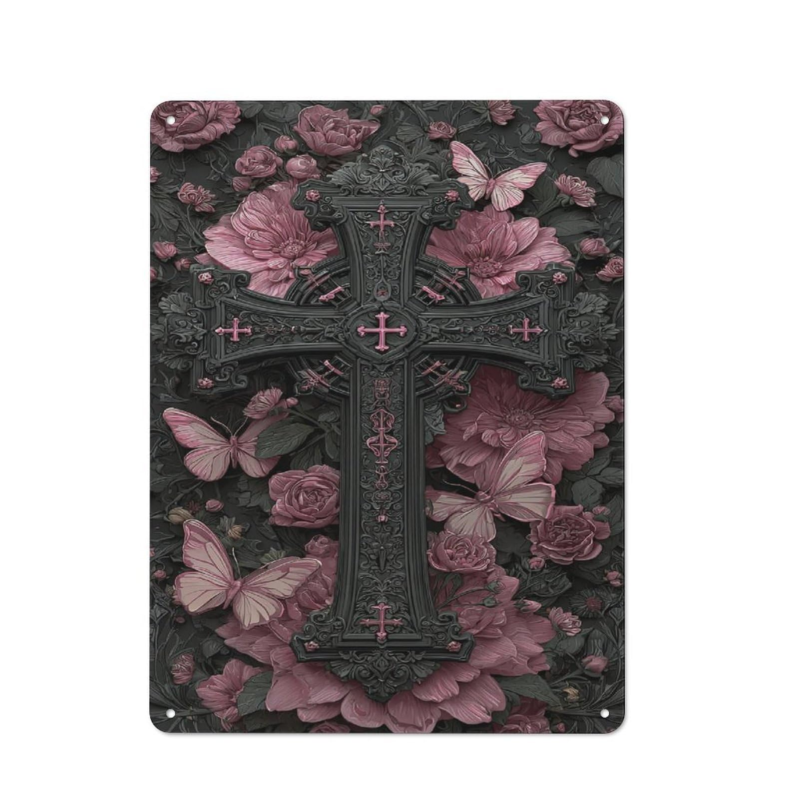 Junmoney Ornate Cross Amidst Pink Blossoms Tin Sign 40X30cm With For Living Room Wall, Rustic Decor, For Living Room Decor Lovers