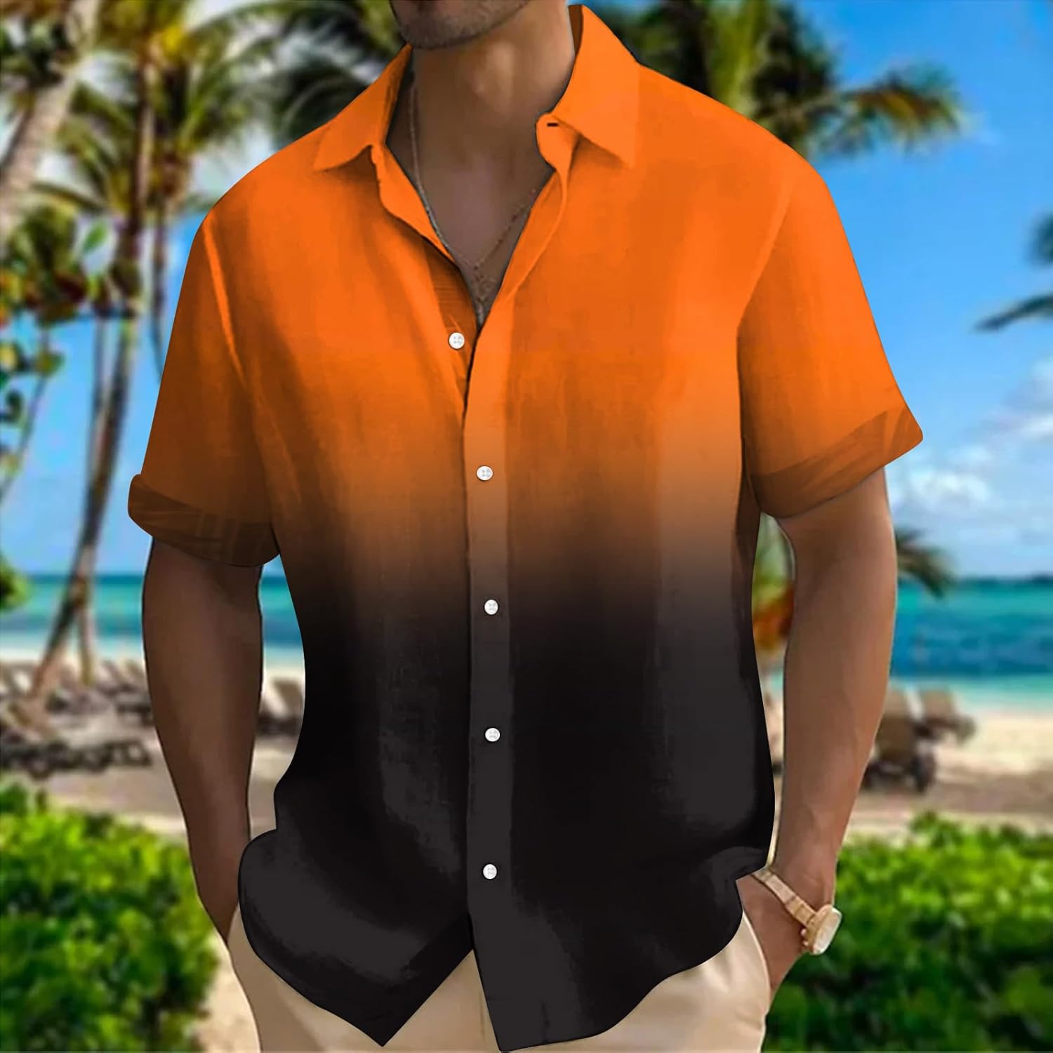 Ymosrh Men's Fashion Shirts Gradient Color Hawaiian Shirt Buttons Up Summer Beach Dress Shirts, M-4XL