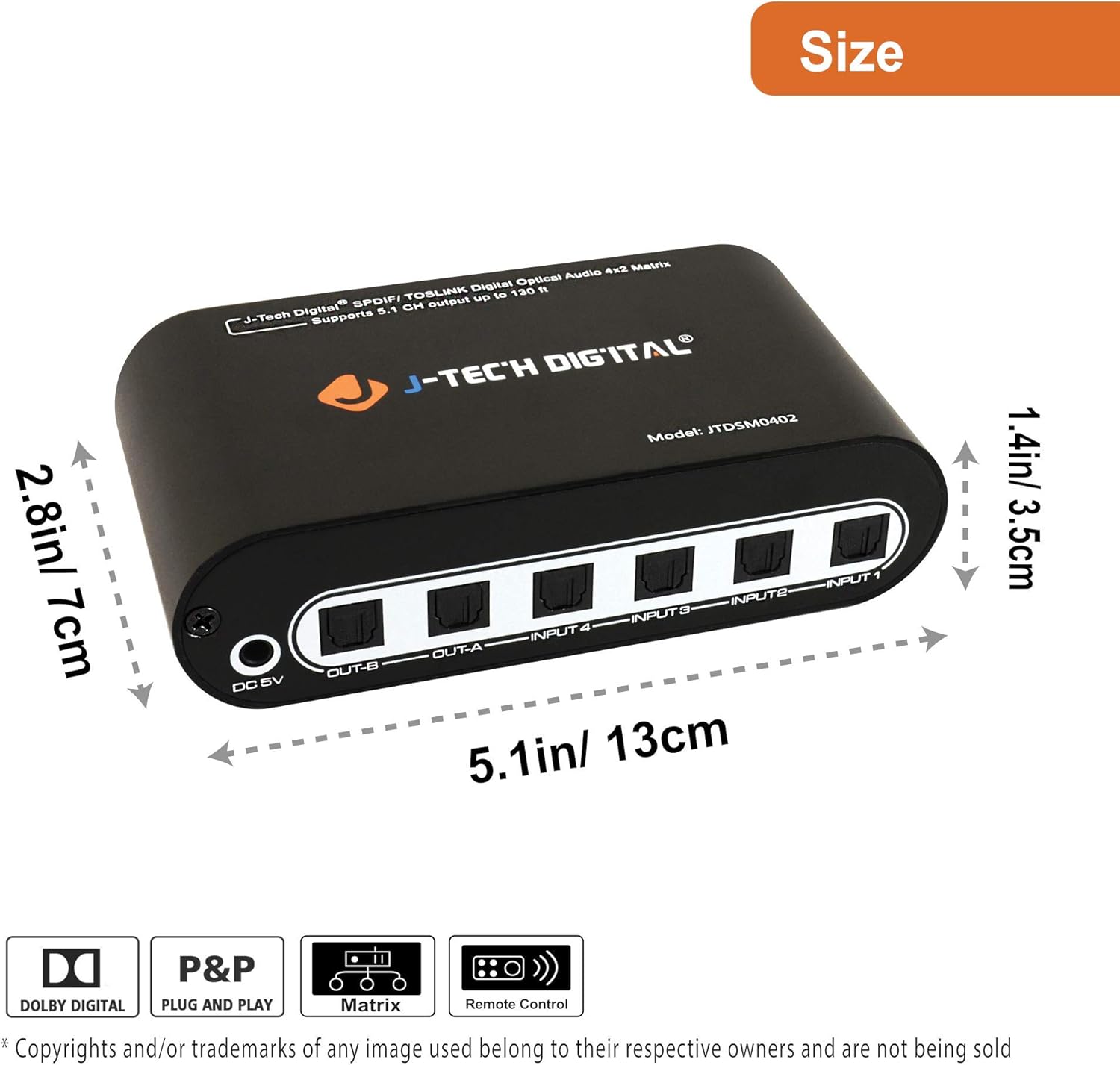 Dimensions of the J-Tech Digital SPDIF TOSLINK Digital Optical Audio 4x2 Matrix