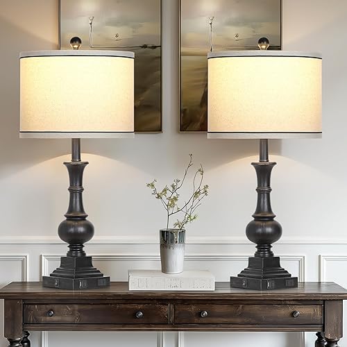 Miniatura 9 de Farmhouse Lamps Set of 2, Vintage Rustic Black Table Lamps with USB A+C Fast Ports & AC Outlets, Traditional Nightstand Bedside Lamp for Living Room