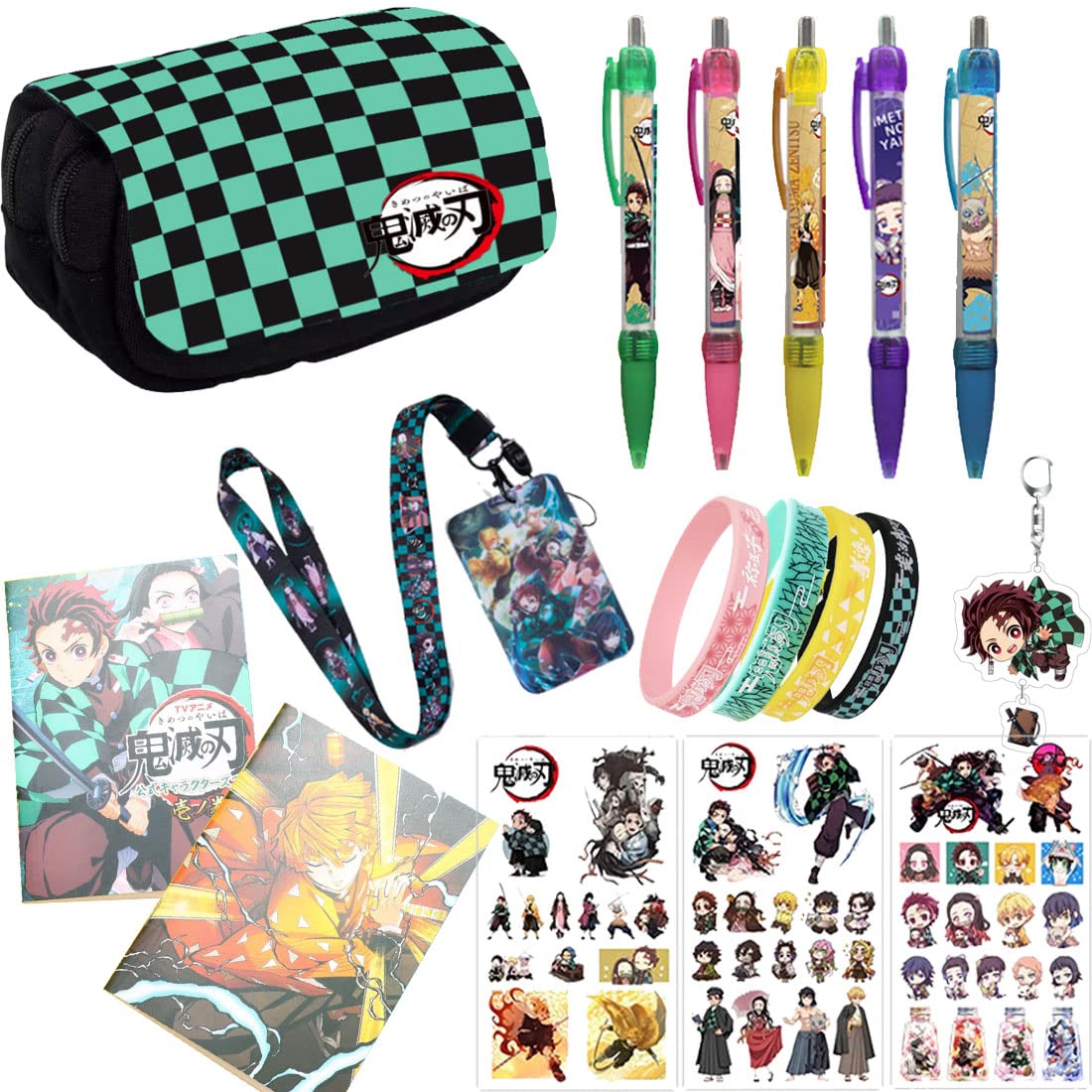 Demon Slayer Manga Merch Gift Set-Including Pencil case,Mini-Notebook,Roller ball Pen,Stickers, Bracelets, Keychain, Lanyard